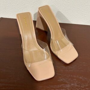 Bamboo triangle Block heel square Toe Clear strap Mules Size 10